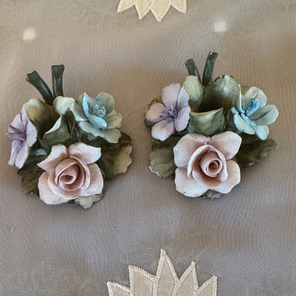 Vintage Capodimonte Made in Italy Pastel Floral Candle Sticks Set of 2